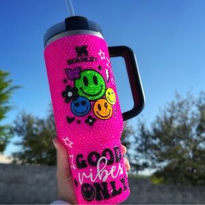 STUNNING Electric Pink Neon Bedazzled Stanley Quencher - Custom Tumbler